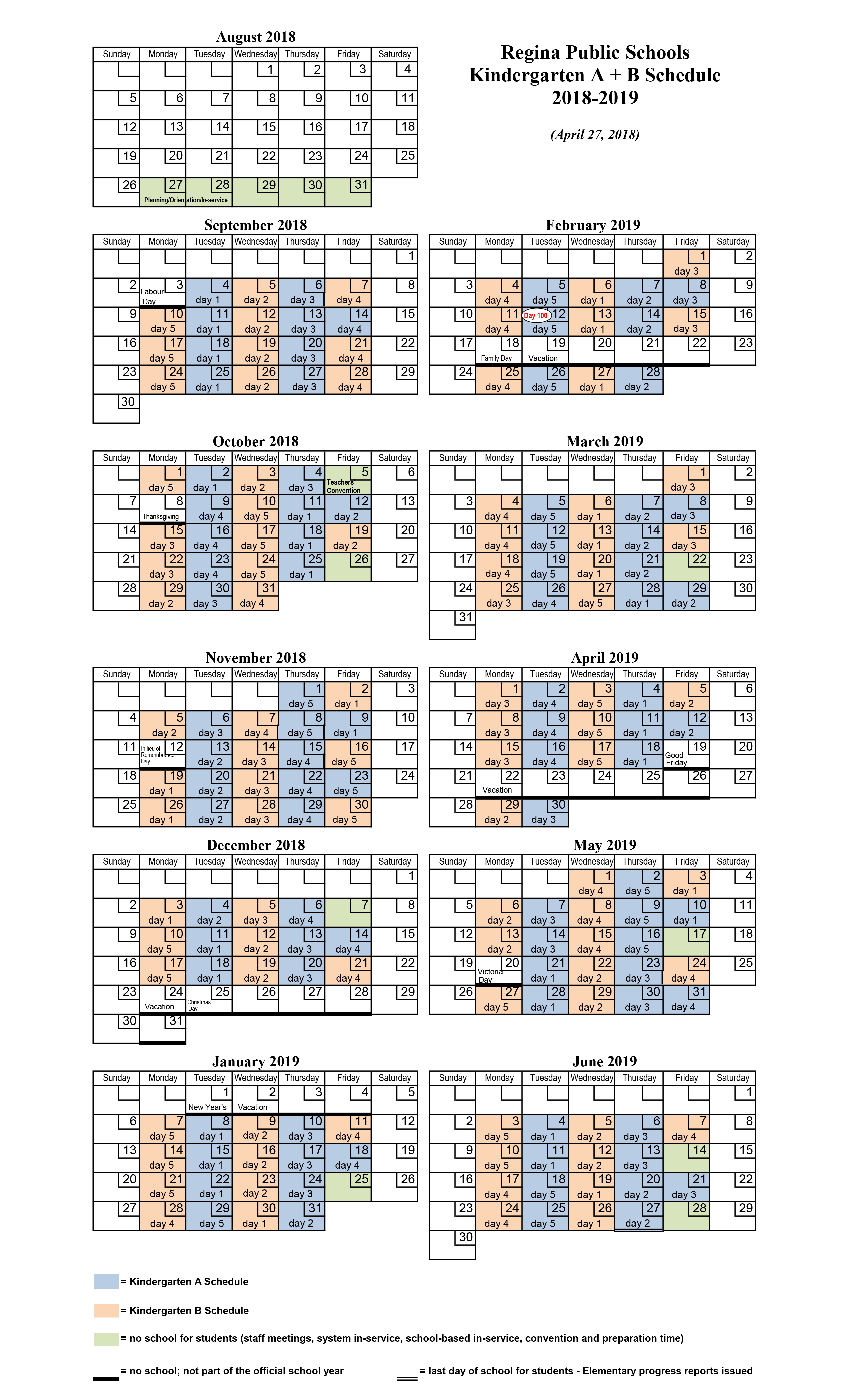Kindergarten Calendar (A/B) 201819 Regina Public Schools